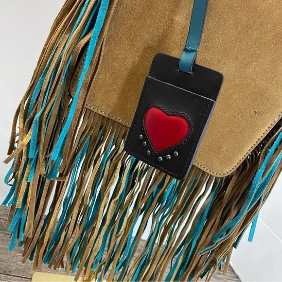 Zara Woman Fringe Suede Crossbody Bag - Tan and Teal. Pre-owned. - Picture 3 of 12